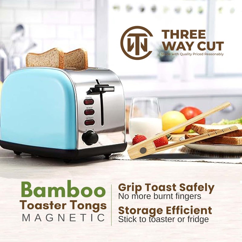 THREE WAY CUT Toaster Tongs With Magnet | Bamboo Kitchen Utensils For Cooking & Holding Toast Bacon Muffin Bagel Bread | 8" Long Natural Toxic Free Magnetic | 2pcs Set - Image 4